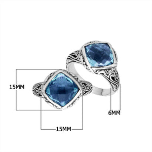 Sterling Silver Cushion Shape Statement Ring With Blue Topaz Quartz And Balinese Detailing