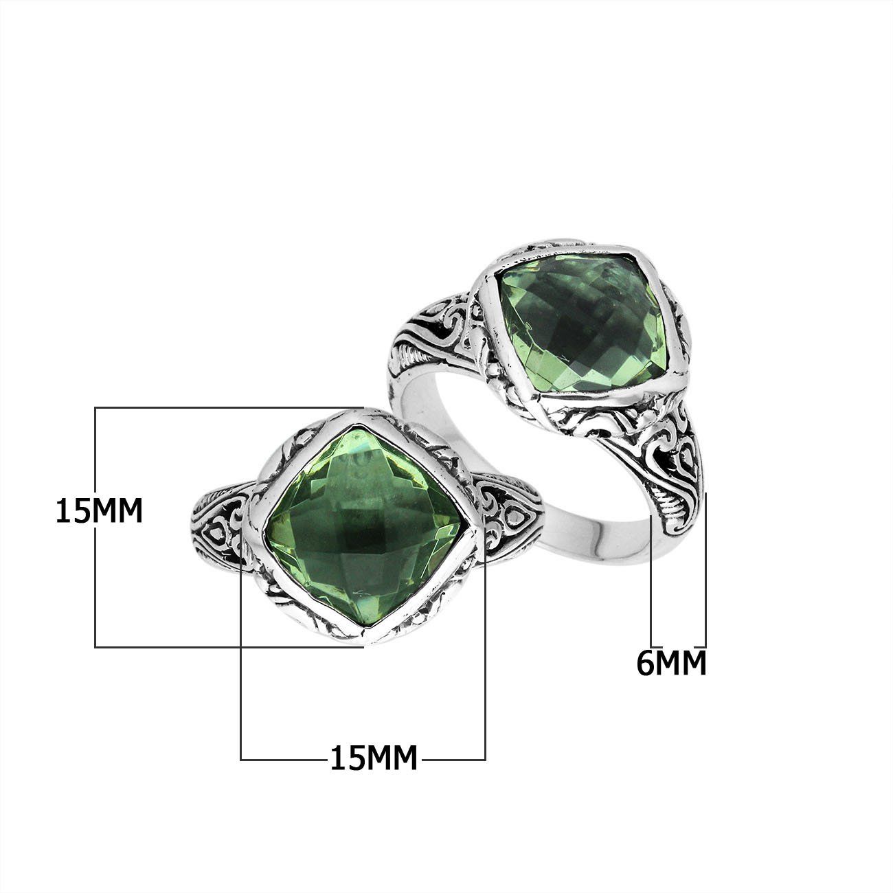 Sterling Silver Cushion Shape Statement Ring With Green Amethyst Quartz And Balinese Detailing