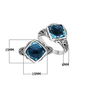 Sterling Silver Cushion Shape Statement Ring With London Blue Topaz Quartz And Balinese Detailing