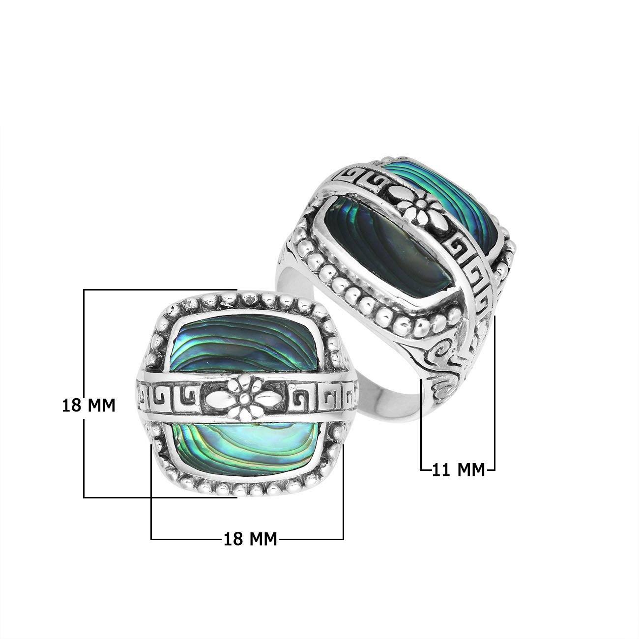 Sterling Silver Rectangular Shape Statement Ring With Abalone Shell And Floral Pattern