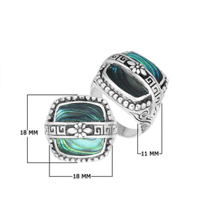 Sterling Silver Rectangular Shape Statement Ring With Abalone Shell And Floral Pattern
