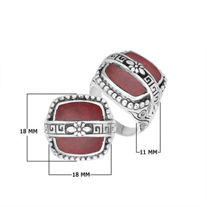 Sterling Silver Rectangular Shape Statement Ring With Red Coral And Floral Pattern