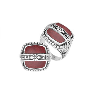 Sterling Silver Rectangular Shape Statement Ring With Red Coral And Floral Pattern