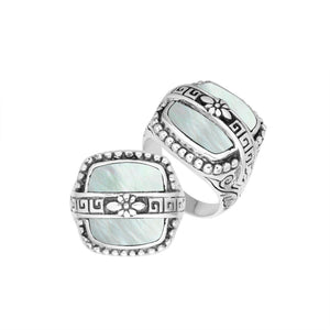 Sterling Silver Rectangular Shape Statement Ring With Mother Of Pearl And Floral Pattern