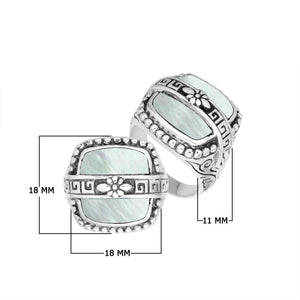 Sterling Silver Rectangular Shape Statement Ring With Mother Of Pearl And Floral Pattern