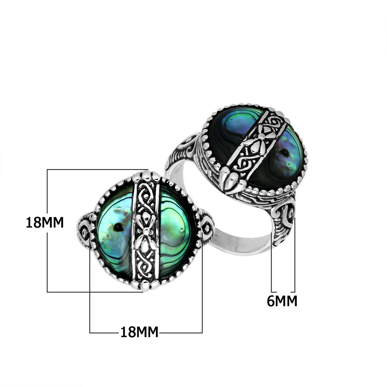 Sterling Silver Round Shape Statement Ring With Abalone Shell And Balinese Pattern
