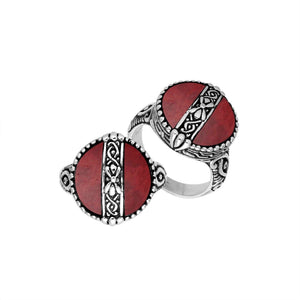 Sterling Silver Round Shape Statement Ring With Red Coral And Balinese Pattern