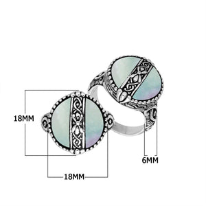 Sterling Silver Round Shape Statement Ring With Mother Of Pearl And Balinese Pattern