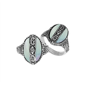 Sterling Silver Oval Shape Statement Ring With Mother Of Pearl And Balinese Floral Pattern