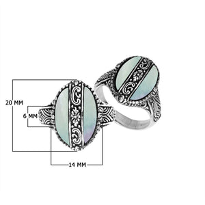 Sterling Silver Oval Shape Statement Ring With Mother Of Pearl And Balinese Floral Pattern