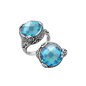 Sterling Silver Floral Balinese Round Shape Statement Ring With Blue Topaz Quartz