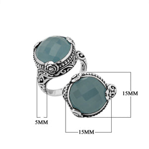 Sterling Silver Floral Balinese Round Shape Statement Ring With Blue Chalcedony Quartz