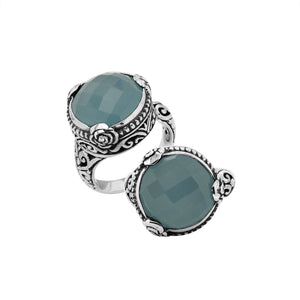 Sterling Silver Floral Balinese Round Shape Statement Ring With Blue Chalcedony Quartz