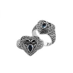 Sterling Silver Heart Shape Balinese Vintage Statement Ring With Blue Topaz Quartz