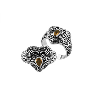 Sterling Silver Heart Shape Balinese Vintage Statement Ring With Citrine Quartz
