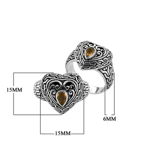 Sterling Silver Heart Shape Balinese Vintage Statement Ring With Citrine Quartz