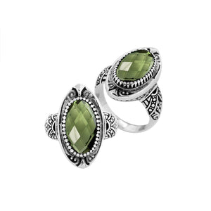 Sterling Silver Oval Shape Balinese Statement Ring With Green Amethyst Quartz