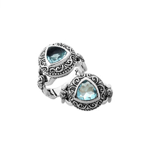 Sterling silver Balinese design ring with triangle shape Blue Topaz Quartz stone