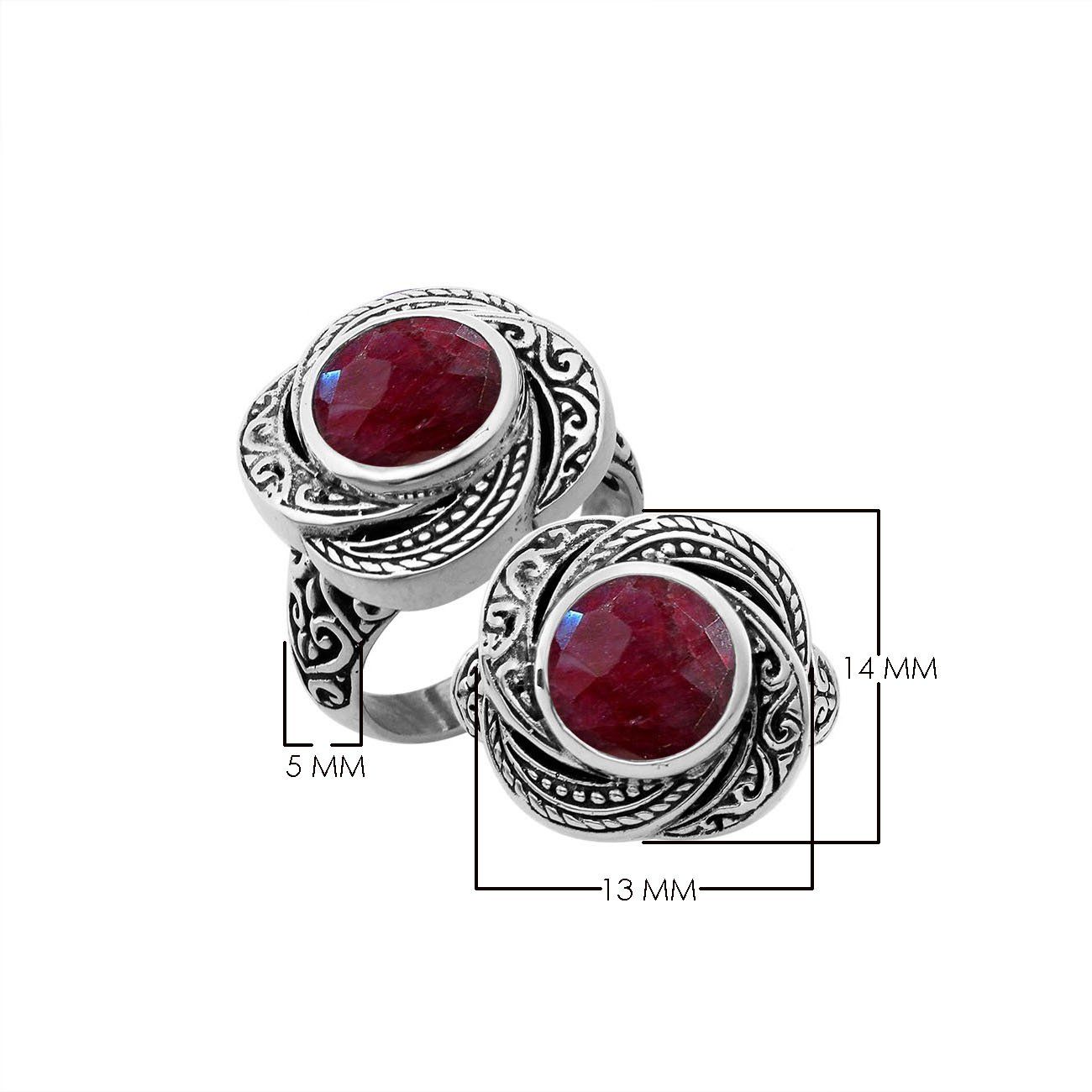 Sterling silver Balinese design ring with round shape Ruby stone