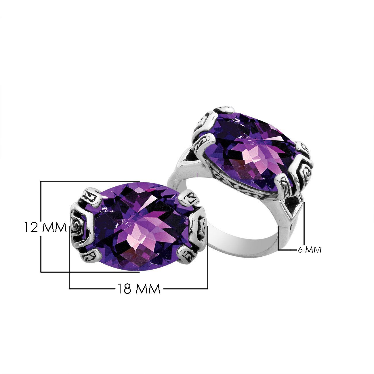 Sterling silver Balinese design ring with oval shape Amethyst Quartz stone