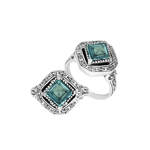 Sterling silver Balinese design ring with square shape Blue Topaz Quartz stone