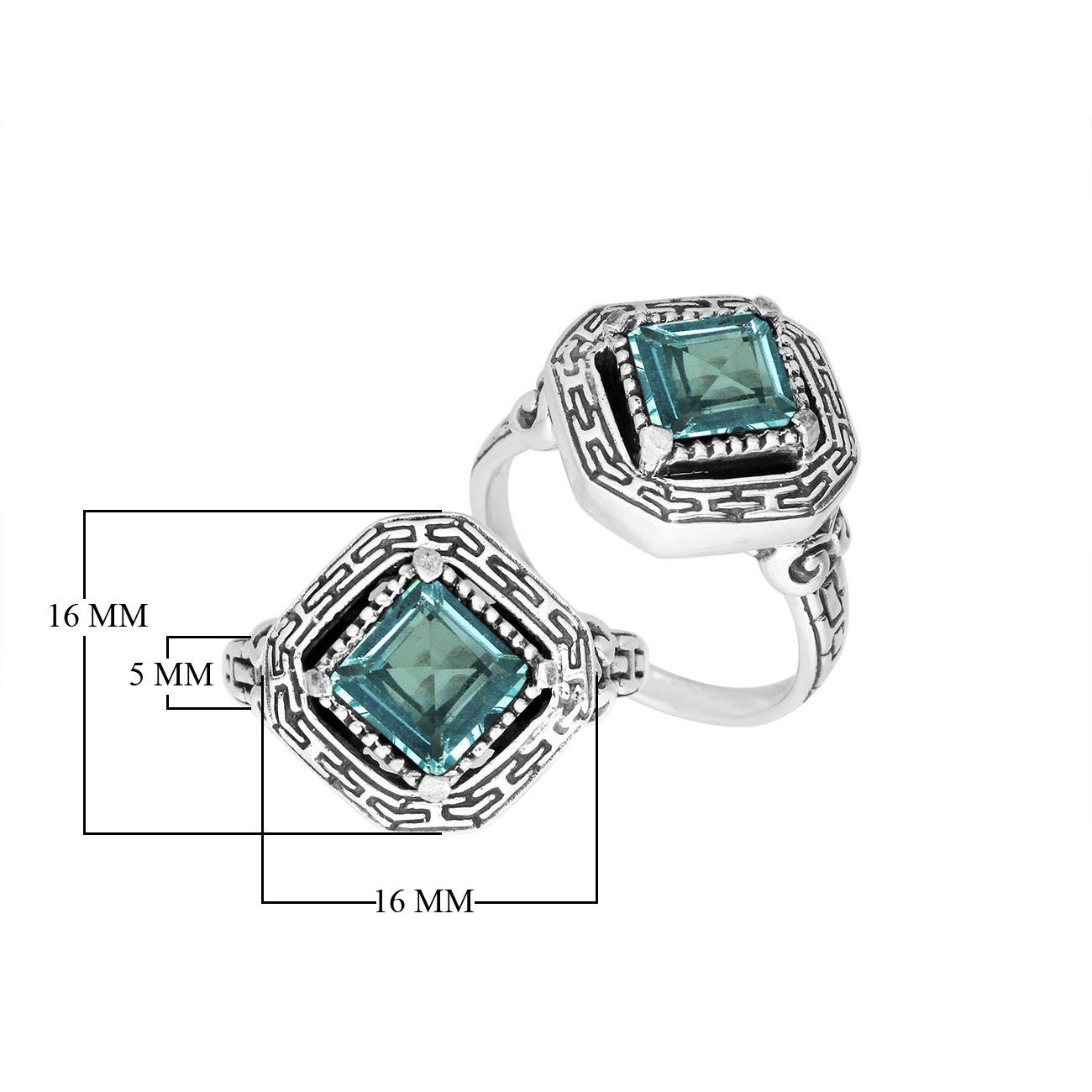 Sterling silver Balinese design ring with square shape Blue Topaz Quartz stone