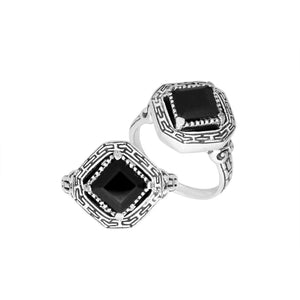 Sterling silver Balinese design ring with square shape Black Onyx stone