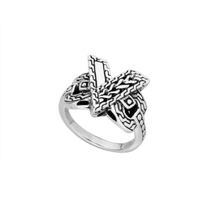 Sterling Silver Handcrafted Balinese crossover pattern ring with oxidized artistic detailing