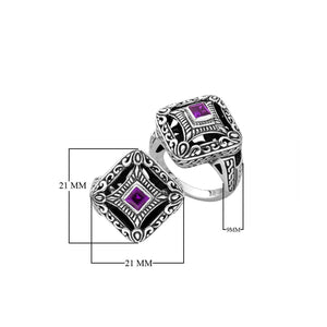 Sterling silver cushion shape ring with Amethyst Quartz in Balinese design