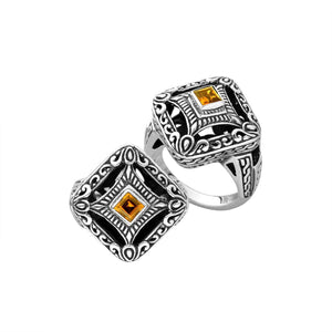 Sterling silver ornate square face ring with Citrine Quartz in Balinese design
