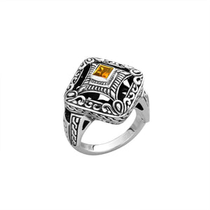 Sterling silver ornate square face ring with Citrine Quartz in Balinese design