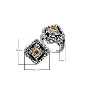 Sterling silver ornate square face ring with Citrine Quartz in Balinese design