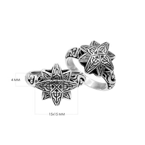 Sterling silver eight point star ring in Balinese engraved design