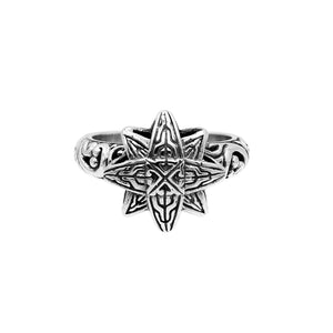 Sterling silver eight point star ring in Balinese engraved design