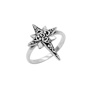 Sterling silver compass shape ring with elegant designer detailing
