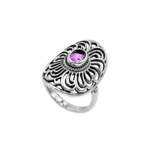 Sterling Silver Oval Shape Ring With Amethyst Quartz In Balinese Designer Style