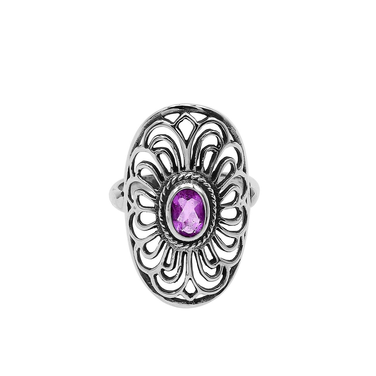 Sterling Silver Oval Shape Ring With Amethyst Quartz In Balinese Designer Style