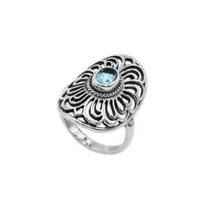 Sterling Silver Oval Shape Ring With Blue Topaz Quartz In Balinese Designer Style