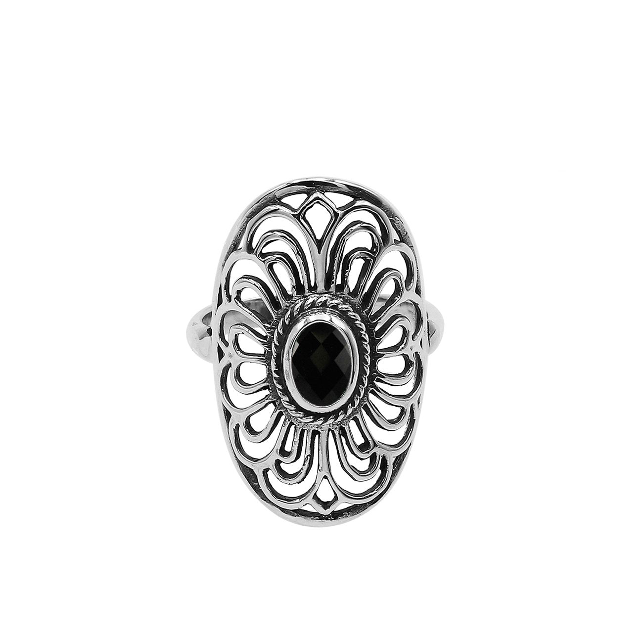 Sterling Silver Oval Shape Ring With Black Onyx In Balinese Designer Style