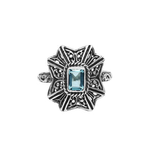 Sterling Silver Designer Ring With Blue Topaz Quartz In Balinese Style
