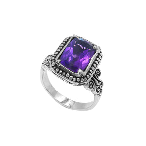 Sterling Silver Rectangular Ring With Amethyst Quartz In Balinese Designer Setting