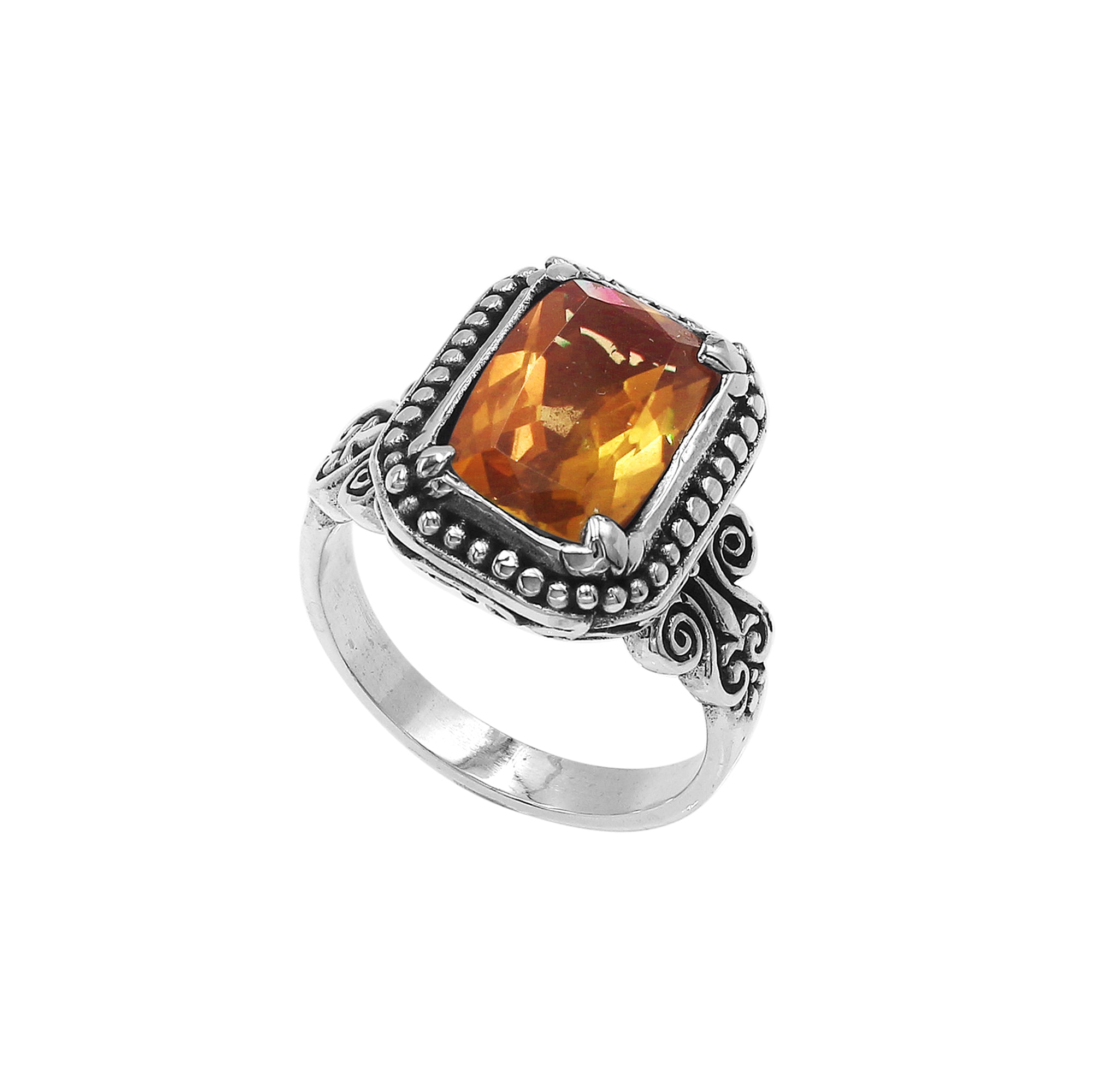 Sterling Silver Rectangular Ring With Citrine Quartz In Balinese Designer Setting