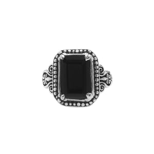 Sterling Silver Rectangular Ring With Black Onyx Quartz In Balinese Designer Setting