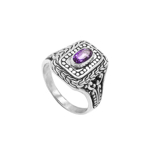 Sterling Silver Rectangular Ring With Amethyst Quartz In Balinese Designer Pattern