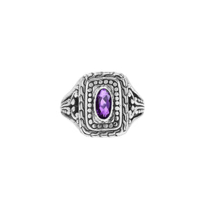 Sterling Silver Rectangular Ring With Amethyst Quartz In Balinese Designer Pattern