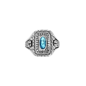 Sterling Silver Rectangular Ring With Blue Topaz Quartz In Balinese Designer Pattern