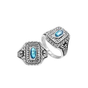 Sterling Silver Rectangular Ring With Blue Topaz Quartz In Balinese Designer Pattern