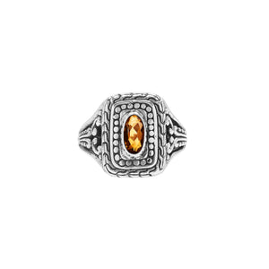 Sterling Silver Rectangular Ring With Citrine Quartz In Balinese Designer Pattern