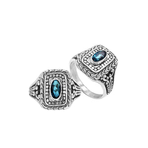 Sterling Silver Rectangular Ring With London Blue Topaz Quartz In Balinese Designer Pattern