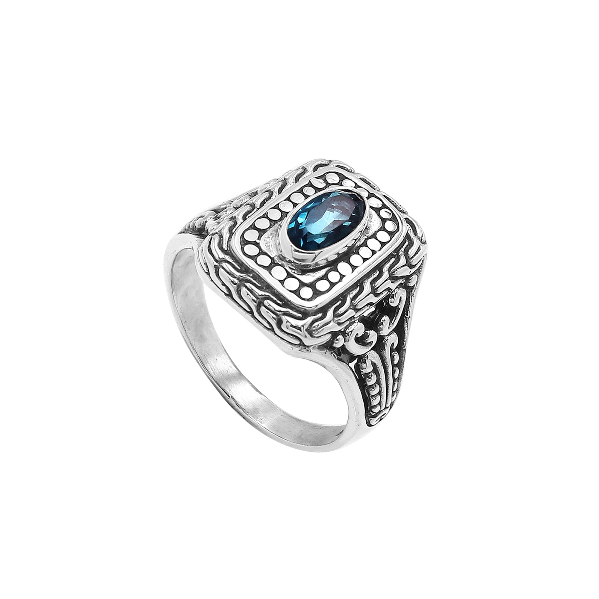 Sterling Silver Rectangular Ring With London Blue Topaz Quartz In Balinese Designer Pattern
